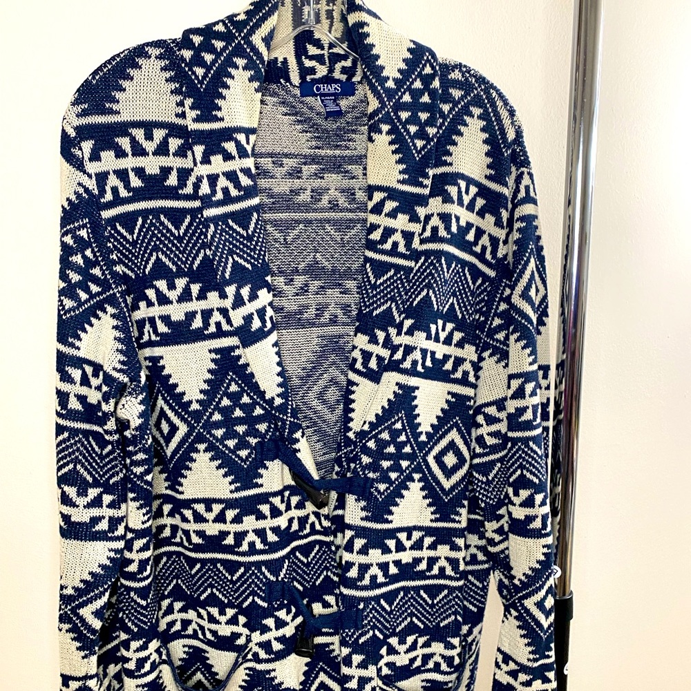 Ladies Chaps cream & navy toggle-close cardigan sweater; Sz: XL